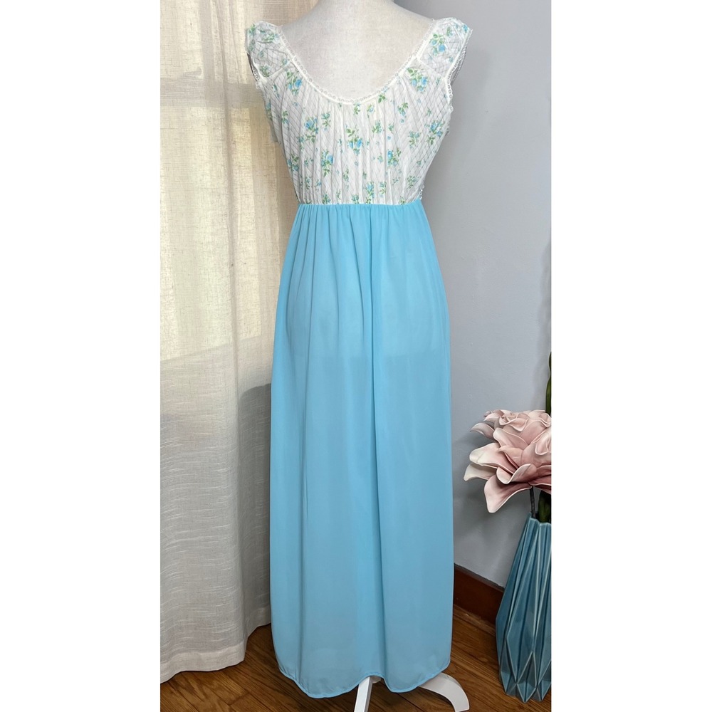 70s Vintage Beverly Floral Nightgown House Dress Powder Blue Women's Small - Picture 3 of 11